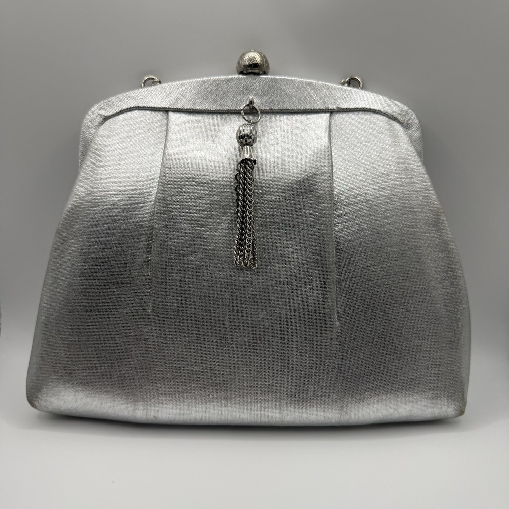 HL Harry Levine USA Evening Bag Shimmering Silver Fabric Chain Strap Rhinestone